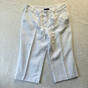 Talbots Pants Women Sz 12 Petite White Linen Capri Cropped‎ Belted Fully Lined